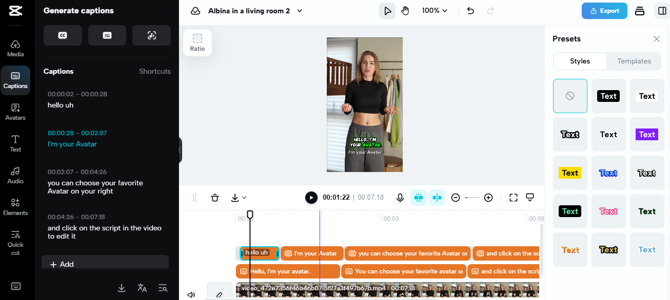 CapCut Commerce Pro video editor with captions, highlighting AI tools for eCommerce business content creation.